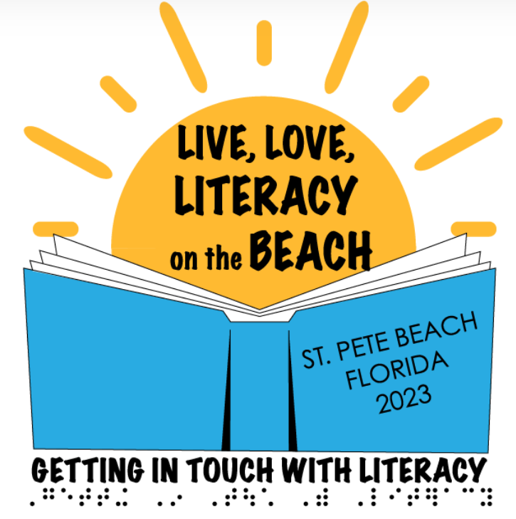 Getting in Touch with Literacy logo for the 2023 conference with a sun and a book.