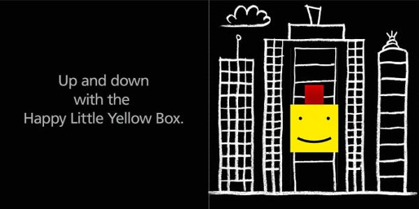 Shown are two pages from the book The Happy Little Yellow Box. The first page reads "Up and down with the happy little yellow box." The second page shows a cartoon drawing of three skyscraper buildings and a yellow box with a smiley face on it in the middle of them.