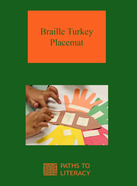 Braille Turkey Placemat title with a picture of the student reading the words on the placemat...I am thankful for mom, dad, jacket, music.