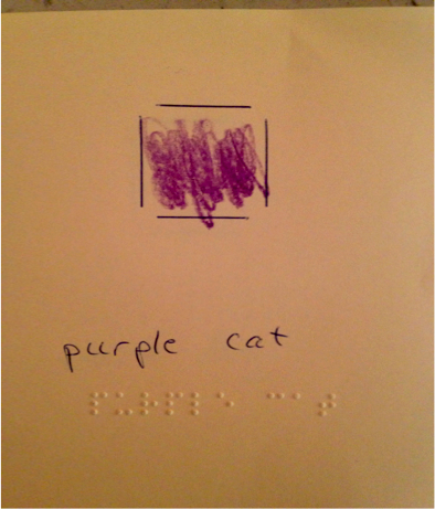"purple cat" with braille and purple coloring