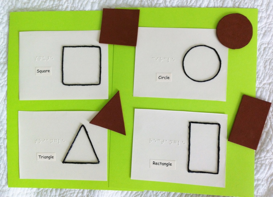 Shape flash cards with braille and print, along with the outline of each shape