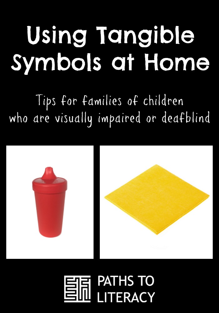 Collage of using tangible symbols at home: tips for families of children who are visually impaired or deafblind