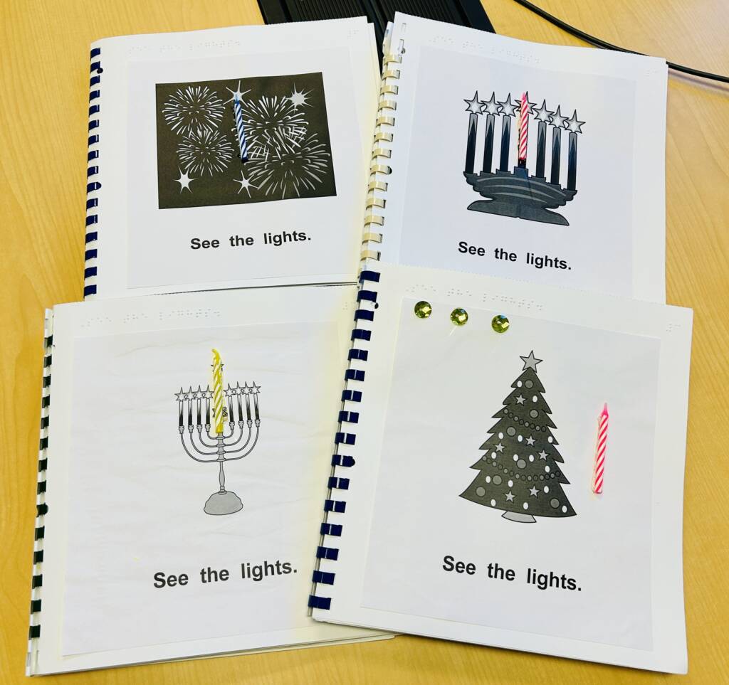4 braille books about the lights of the holidays.