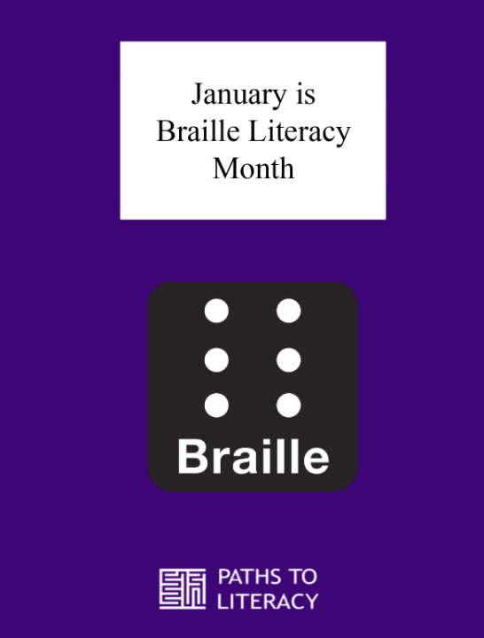 January is braille literacy month title with a picture of a braille cell.