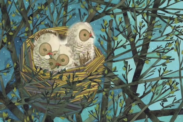 An illustration from the children's book Sweet Dreams shows a nest with three fluffy owl chicks.