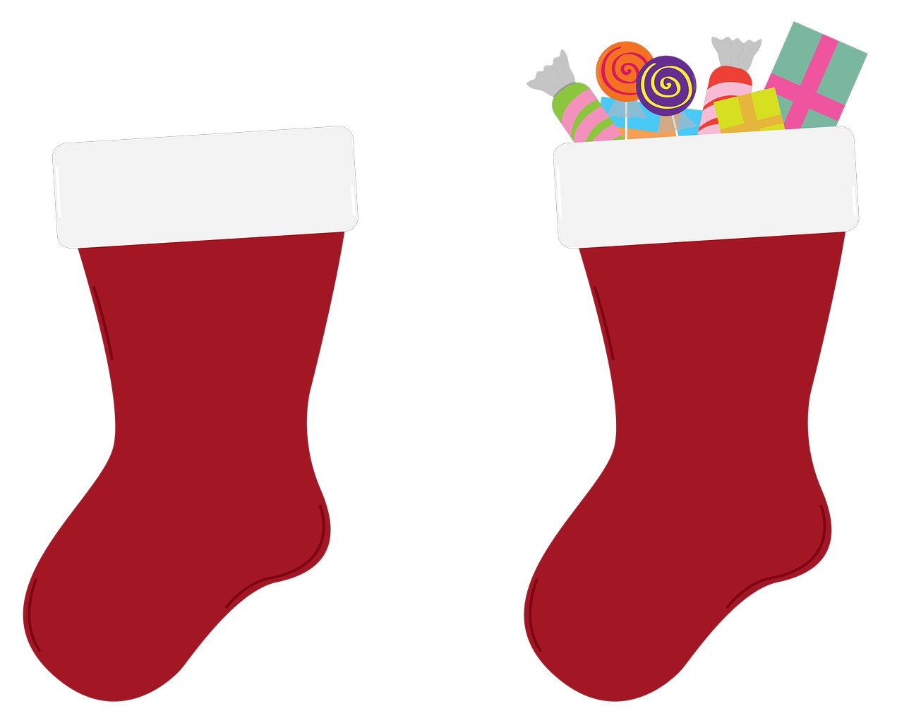 Two Christmas stockings, one has gifts and candy in it.