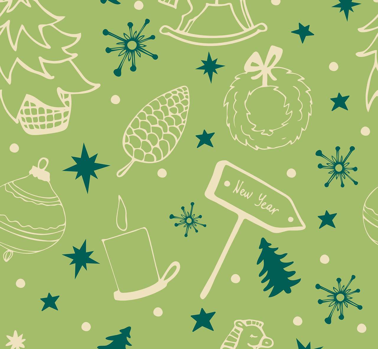 Abstract design of holiday items that include a wreath, tree, candle, snowflake, and star
