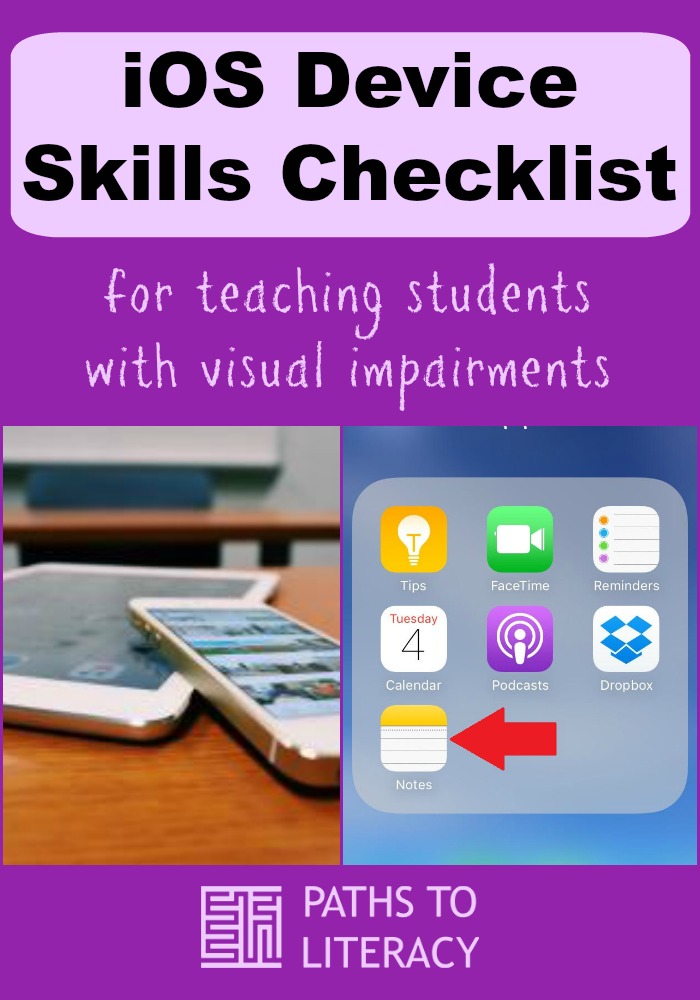 iOS Device Skills Checklist for teaching students with visual impairments collage