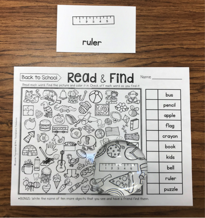 Read and Find worksheet with hand-held dome magnifier