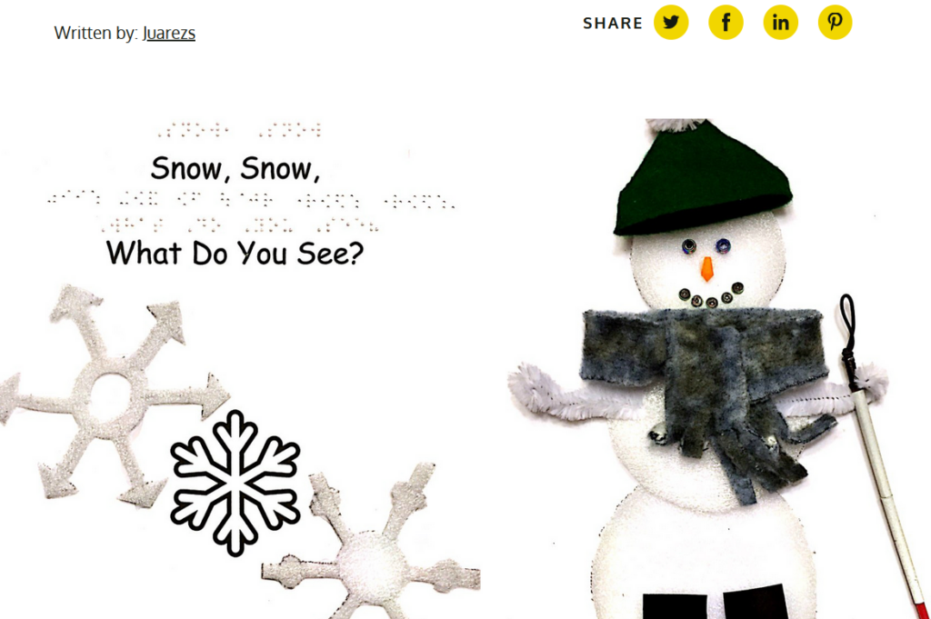 Snow, snow, what do you see? title book cover with tactile snowman holding a cane and tactile snow flakes.