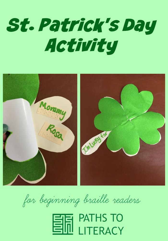 Collage of St. Patrick's Day Activity for beginning braille readers
