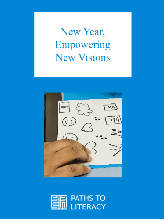 New Year, Empowering New Visions Title with a picture of a student's hand touching tactile images.