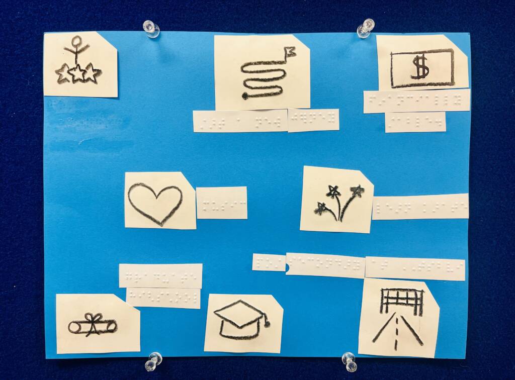 Tactile vision board with braille and tactile images like love, college, money.