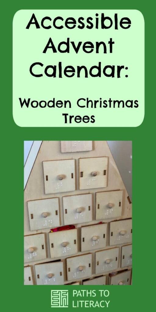 Collage of accessible advent calendar: wooden Christmas trees