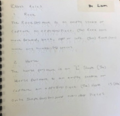 Chess Rules by Liam in braille with print interlining