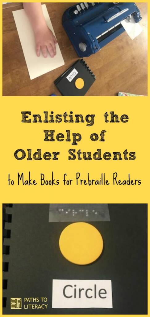 Collage of enlisting the help of older students to make books for prebraille readers