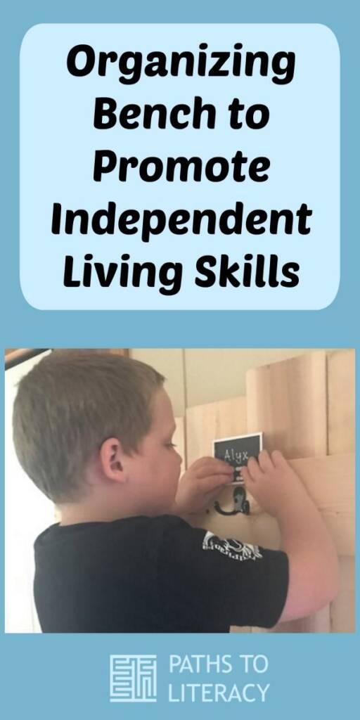 Collage of organizing bench to promote independent living skills