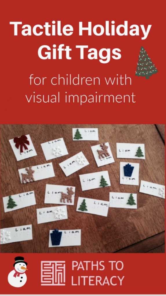 Collage of tactile holiday gift tags with braille