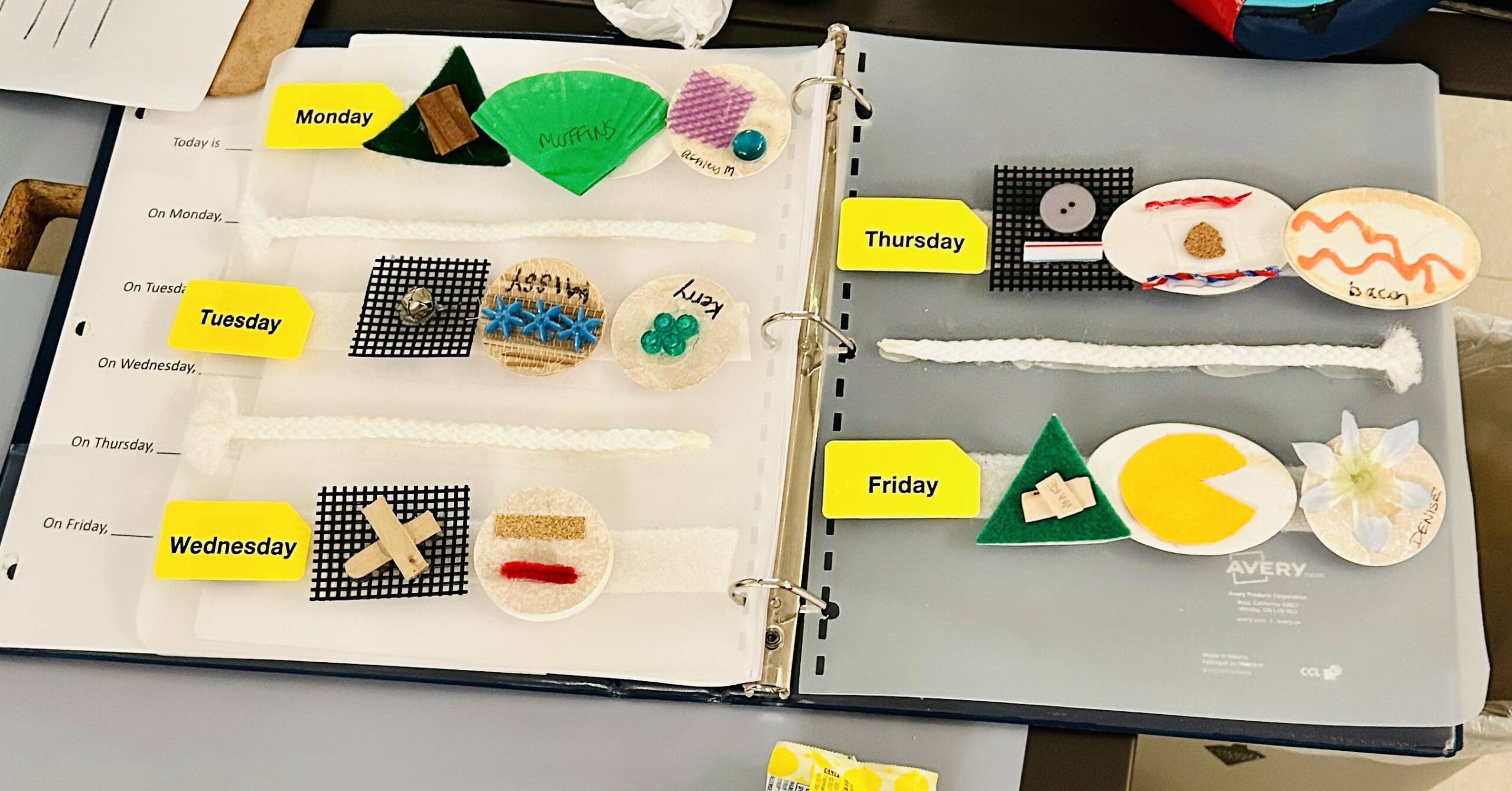 The days of the week in a binder with velcroed cards and object symbols.