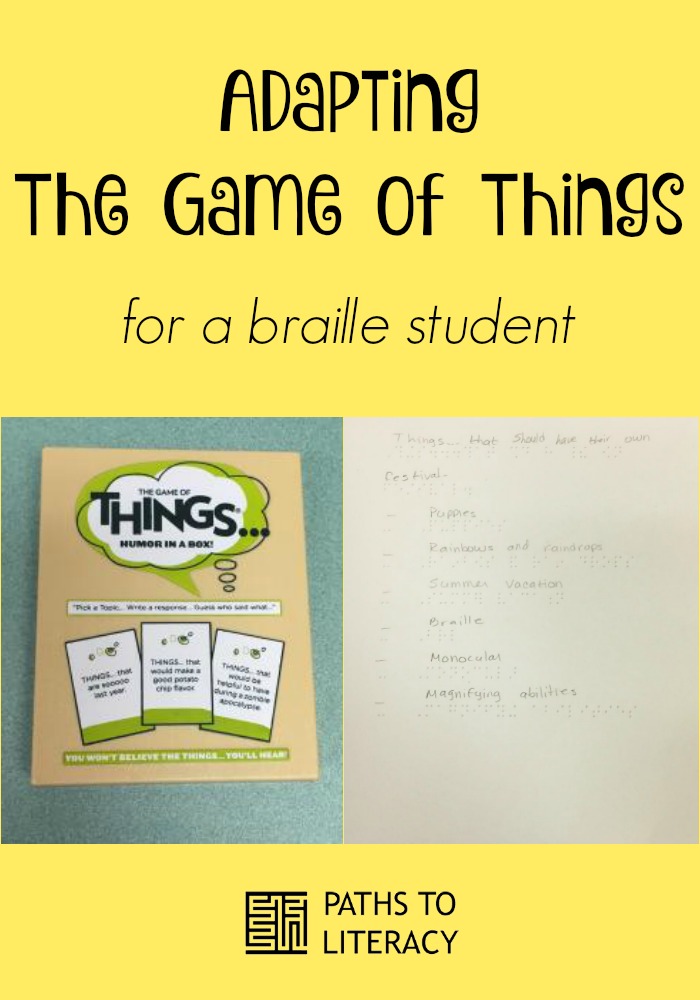 Collage of adapting the game of things for a braille student
