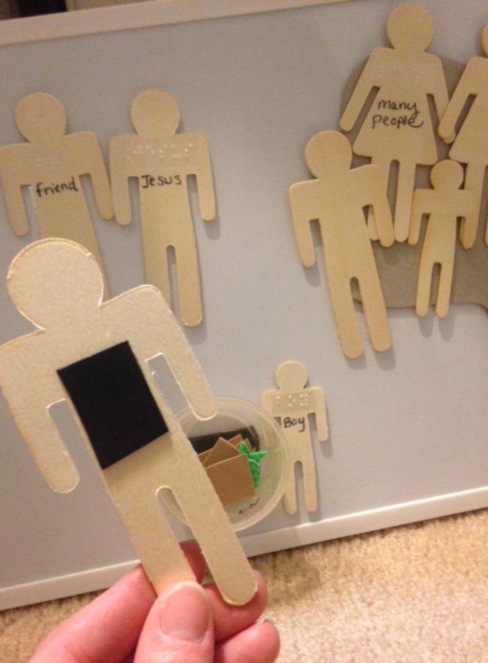 Wooden figures with braille labels on the front and magnets on the back