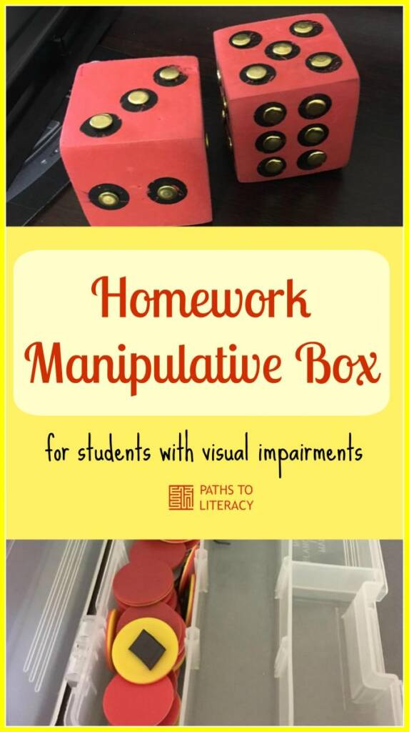 Collage of homework manipulative box for students with visual impairments