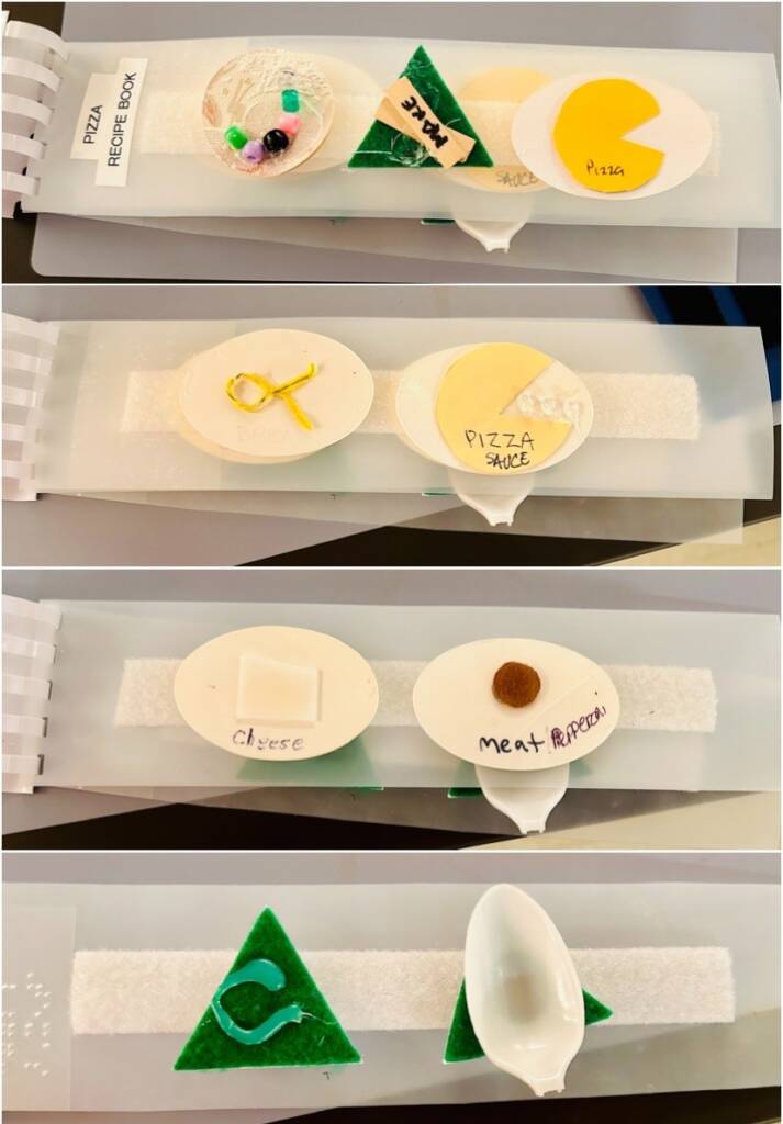 Four images of tactile symbol pizza recipe books
