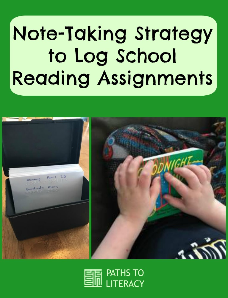 Collage of note-taking strategy to log school reading assignments for a braille reader who is deafblind in an inclusive setting