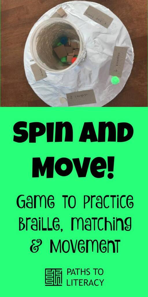 Collage of Spin and Move game to practice braille, matching and movement