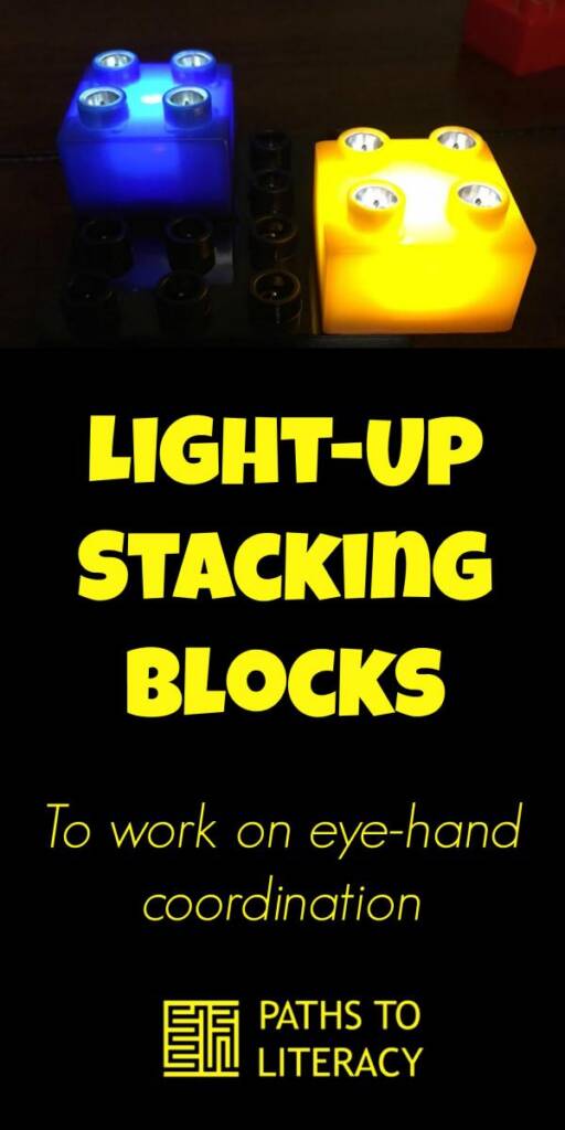 Collage of light-up stacking blocks to work on eye-hand coordination
