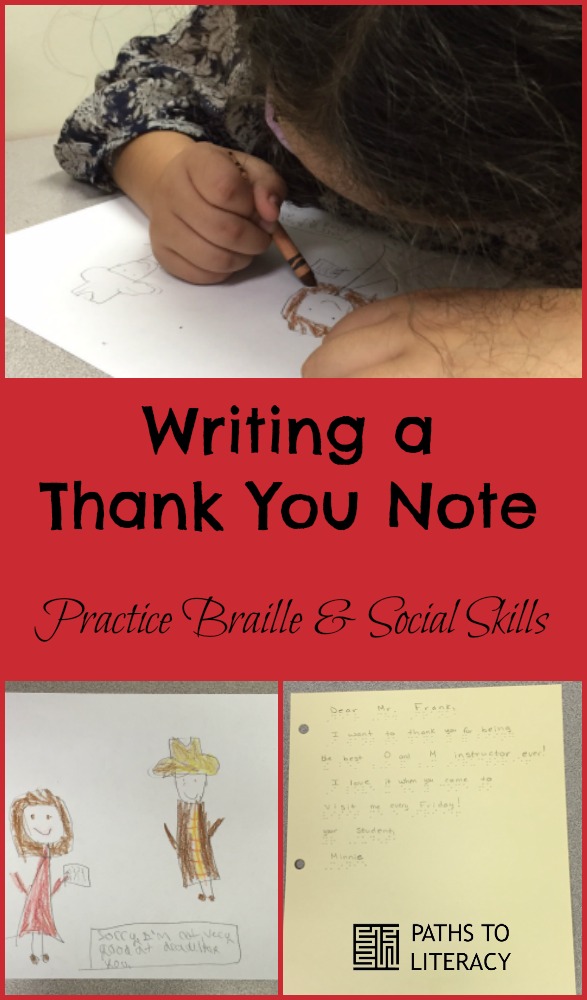 Collage of writing a Thank You note to practice braille and social skills