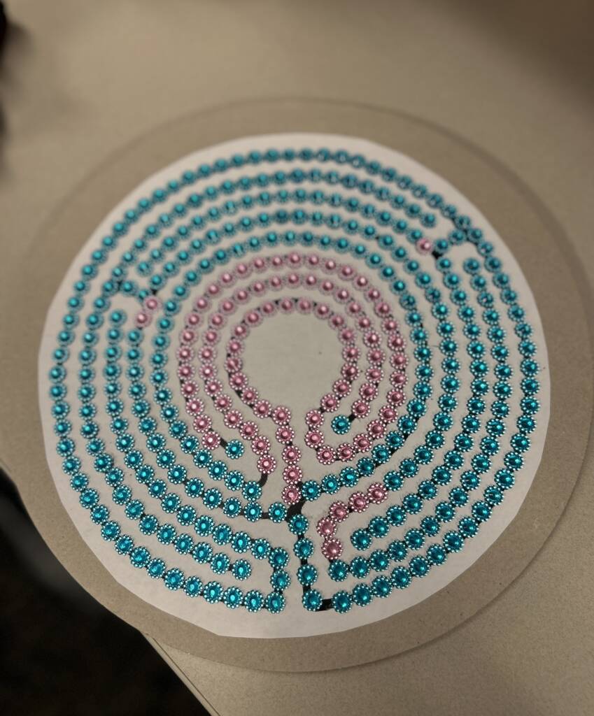 Beaded labyrith with pink and blue beads