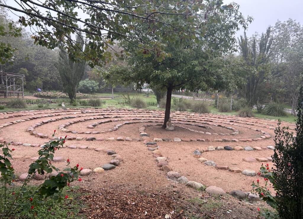 Labyrinth outside in a garden with rocks as the labyrinth and a tree right in the center.