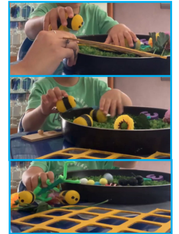 Sequence of pictures of a 4-year-old boy with blindness playing different activities within the same sensory bin.
