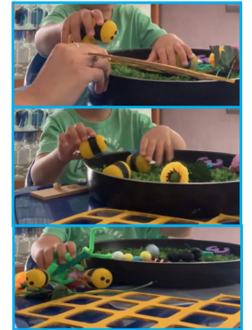 Sequence of pictures of a 4-year-old boy with blindness playing different activities within the same sensory bin. 
