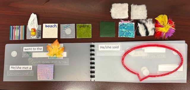 Inside the What Did They Meet book with braille. The book contains words displayed in both print and braille, and tactile items such as a fake leaf. Also shown are other tactile items that can be attached onto the book page such as fake feathers, fur, and grass.