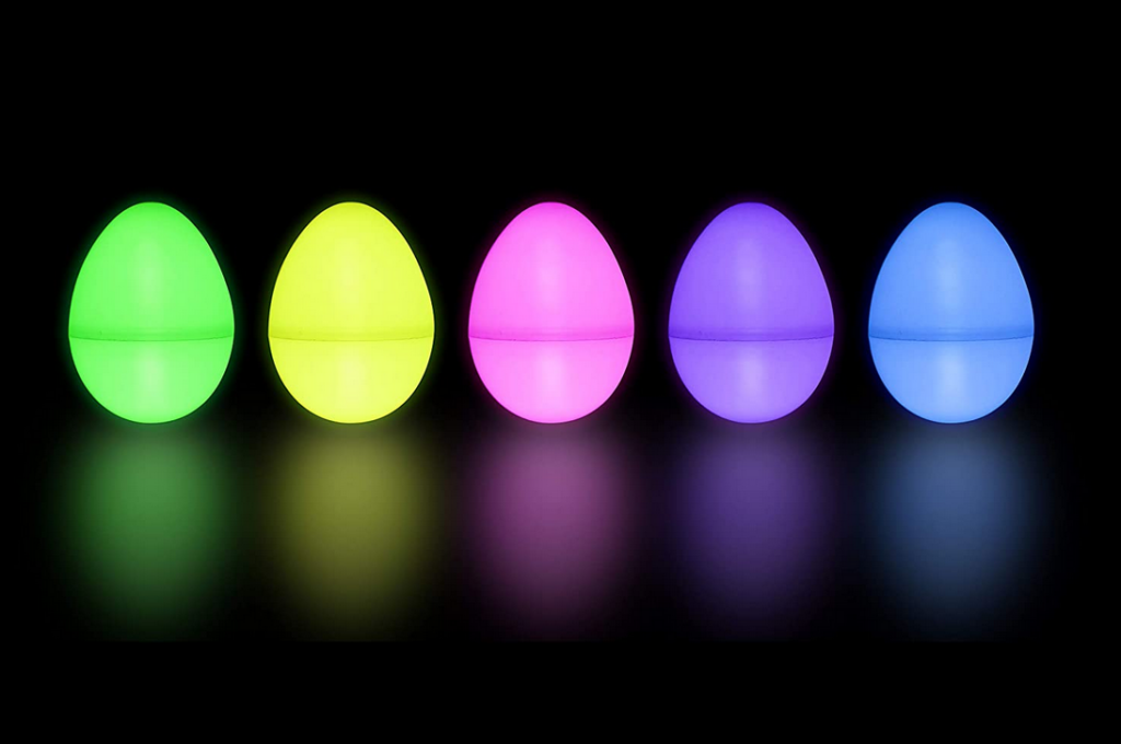 Various colored Easter eggs that are lit up