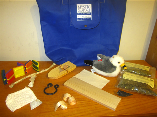Contents of traveling bag with tactile and auditory objects for Mystic Seaport