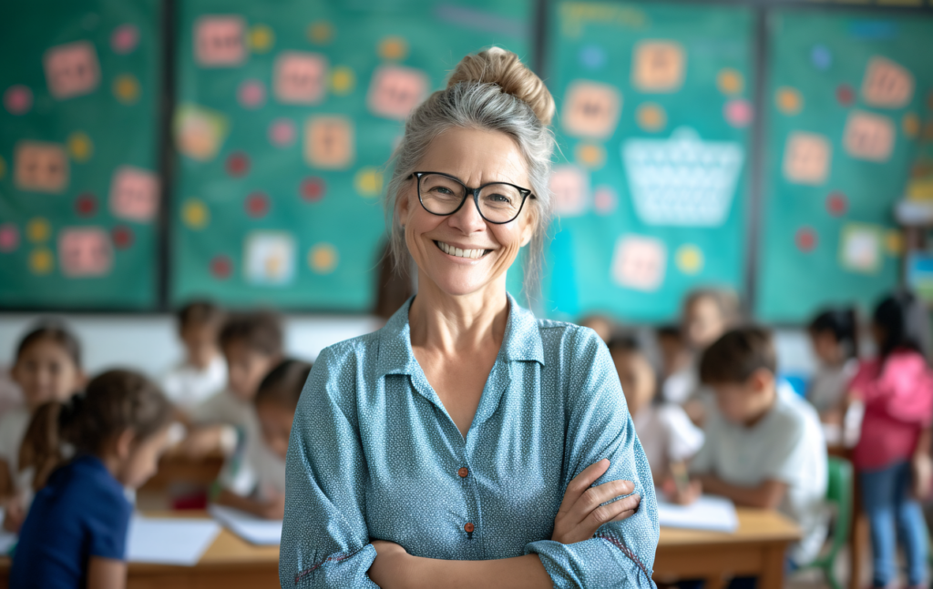 Woman with a big smile infront of a class full of students.