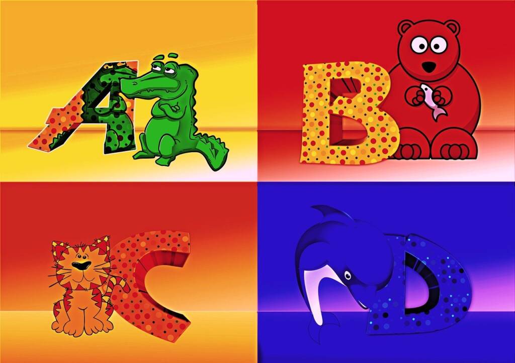 Colored illustration of animals with alphabet letters A, B, C, D