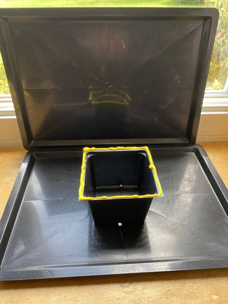 Adapted container with a highlighted top in yellow puffy paint on a black tray with a black background.