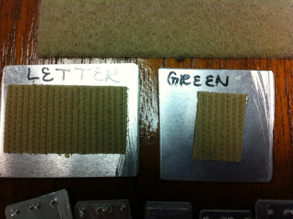Print words on back of aluminum sheeting with print words "letter" and "green" and Velcro