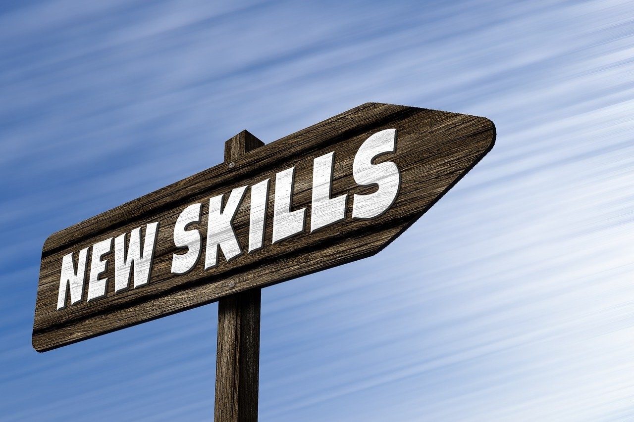 Wooden sign that says New Skills with an arrow pointing.
