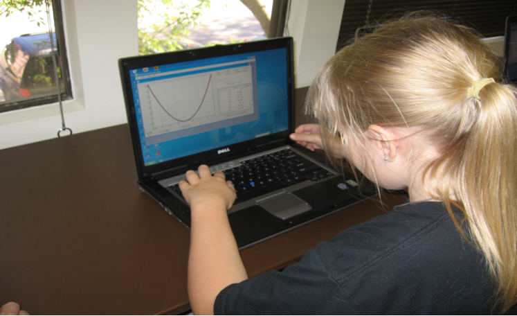 A student listens to the audiograph sound of the parabola.