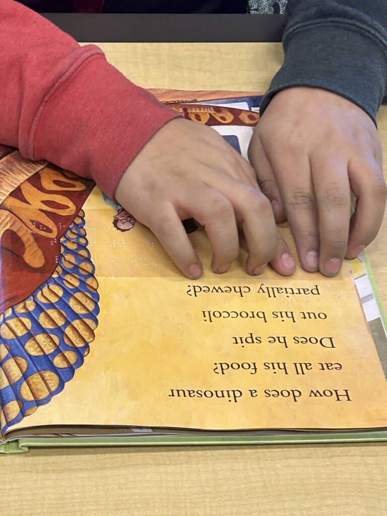 Child's hands reading a braille book