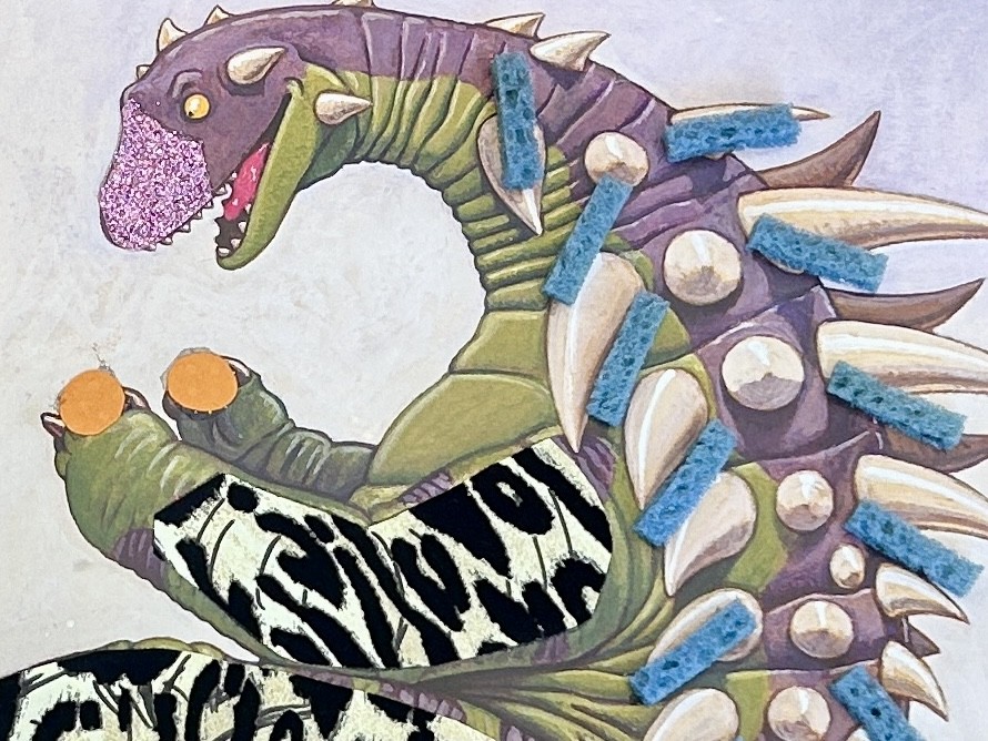 Adapted page with a textured dinosaur.