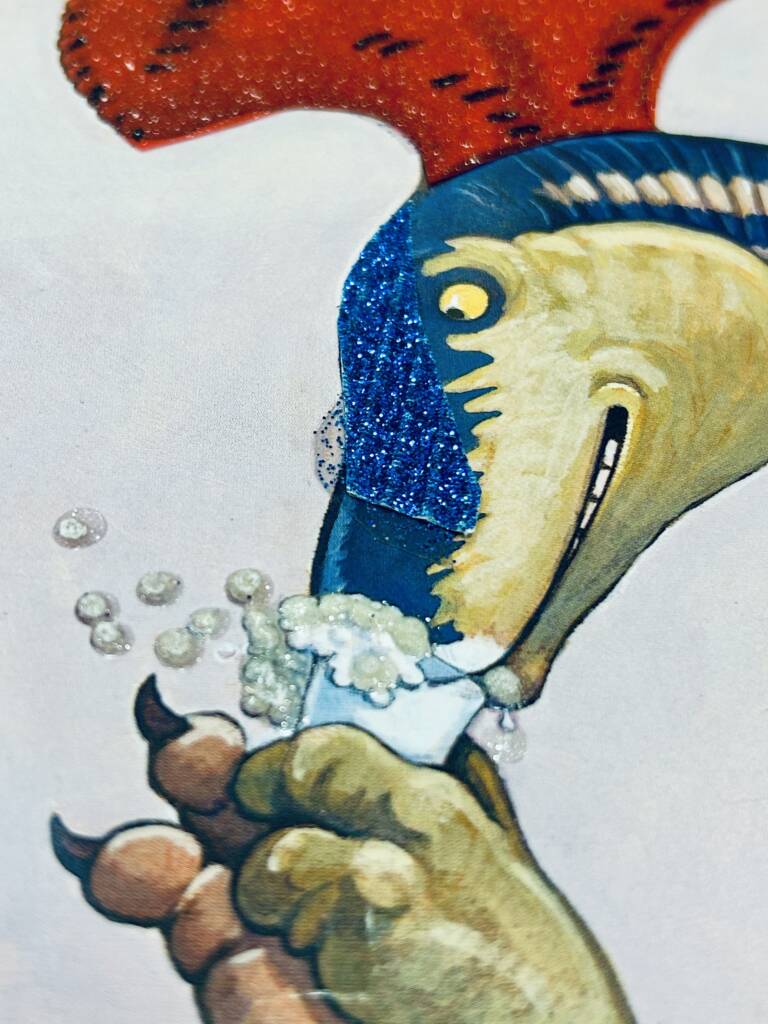 Dino face drinking out of a cup that is adapted with textures.