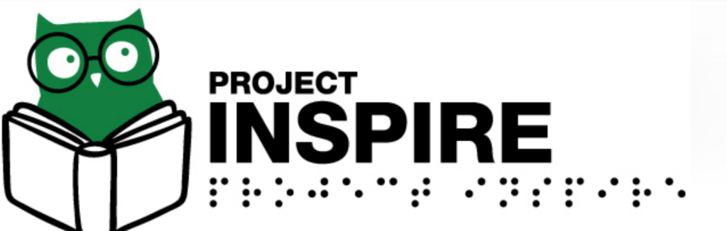 Project inspire logo with a cartoon owl in glasses reading a book. 