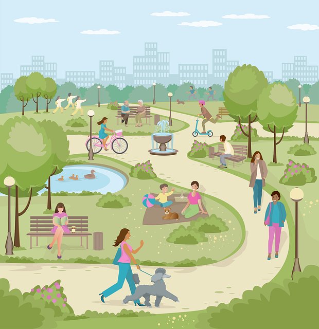 Cartoon park seen on a beautiful day with people enjoying the park.