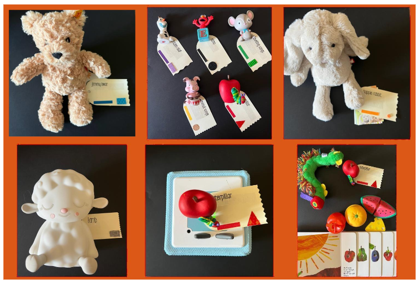 Images of five Tonies that have adapted labels on them that include: a teddy bear, rabbit, lamb, hungry caterpillar, Olaf, and Elmo
